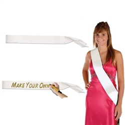 Decorate a White Satin Sash to acknowledge a special event. Each sash is attached at one of the ends, so that you can easily slip it over your head and wear across your body. It is sized to fit an average adult.