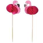 The Flamingo Picks are made of cardstock with a honeycomb tissue body. The flamingo measures 2 inches and the pick measures 6 inches long. Contains 24 per package.