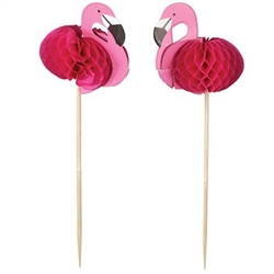 The Flamingo Picks are made of cardstock with a honeycomb tissue body. The flamingo measures 2 inches and the pick measures 6 inches long. Contains 24 per package.