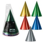 These Foil Cone Hats are colorful and sure to catch the eye of everyone at the party. The elastic strap is attached, so you won't have to worry about your hat falling off all night when you're trying to bust a move on the dance floor. Eight per package.