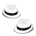 These Velour Havana Chairman Hats feature a one size fits most plastic hat covered in a white flocked material. A black card stock band accents the hat, giving it a sophisticated look. Perfect for a 20's costume, New Years, or theatre production.