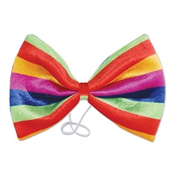 The Jumbo Rainbow Bow Tie is a colorful accessory for any ensemble. The array of vibrant colors include green, red, yellow, purple, and blue. Made of soft plush material with an elastic band attached. Great for a carnival, circus, or any party. No returns