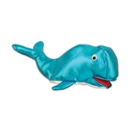 The Whale Hat is a metallic blue fabric with a silver belly. Measures 19 inches long and 6.5 inches high. Made completely of fabric with plush filling. Sized to fit most adults. One per package. No returns.
