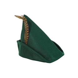 The Felt Robin Hood Hat is forest green and embellished with a feather. Measures 12 inches across and 10 inches high including the feather. Has an inside circumference of 22 inches. One size fits most adults. One per package. No returns.