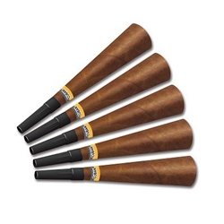 The Cigar Horns are brown, with the appearance of a real cigar, and have a yellow and white band with the word "Cuban" displayed on it. Attached is a black mouthpiece. Made of cardstock and measure 9 inches. Sold in quantities of 100 per box. No returns