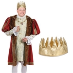 The Fabric Gold Crown is made of shiny gold fabric and measures 4 3/4 inches tall. Has an inside circumference of 22 inches, one size fits most. Contains one per package. Due to hygiene-related concerns, this item is not eligible for return.