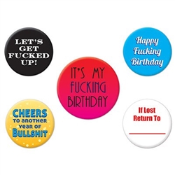 Express how excited you are for your special day by accessorizing with the Funny Birthday Party Buttons. They are colorful and each button has a different saying. 4 measure 1.75 inches and 1 measures 2 inches. 5 buttons per pack. Not intended for children