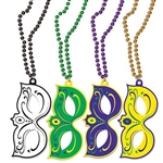 The Mardi Gras Masks w/Beads are made of hard foam board and measure 4 inches by 7 3/4 inches. The beads are 33 inches long. Comes in an assortment of colors: green, gold, purple, and black. The masks are printed with different vibrant designs. 4 per pack