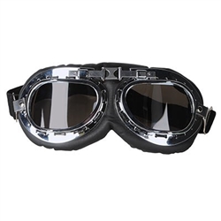 The Aviator Goggles are made of silver/black plastic with smoked lenses. They're cushioned with an adjustable elastic band attached. Fits most adults heads. One size fits most. Contains one per package. No returns.