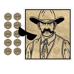 The Pin The Badge On The Sheriff Game is printed on thin plastic and measures 16 1/2 inches by 18 inches. It is printed with the image of a sheriff and includes 10 numbered badges as the game pieces and 1 blindfold mask. Each package contains 12 pieces.