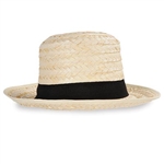 The Straw Skimmer Hat is made of straw with a black ribbon band around the top. Stands 5 inches tall. One size fits most. Contains one (1) per package. Due to hygiene-related concerns, this item is not eligible for return.