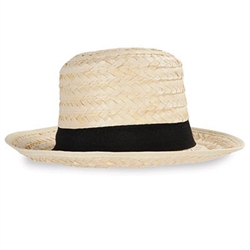 The Straw Skimmer Hat is made of straw with a black ribbon band around the top. Stands 5 inches tall. One size fits most. Contains one (1) per package. Due to hygiene-related concerns, this item is not eligible for return.