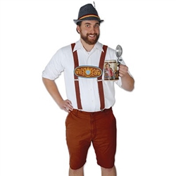 These Bavarian Suspenders are made of brown felt, and adjust from approximately 43 inches to 52 inches. A 9-inch printed Bavarian theme insert joins the suspenders. Metal clips attach to both ends, allowing for secure fastening to pants. One per pkg