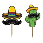 The Fiesta Picks are made of cardstock with a wooden pick. They're an assortment of sombro's and cacti each with a mustache. Printed on two sides. Measure 3 1/2 inches tall. Contains 50 per package.