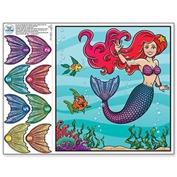 The Pin The Tail On The Mermaid Game is made of cardstock and measures 17 1/2 inches by 19 inches. Each package includes 1 game sheet, 1 blindfold with elastic band attached, and 8 numbered tails. Contains one (1) game per package.