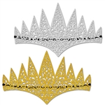 These soft,  flexible glittered tiaras feature an intricate laser cut design covered in either silver glitter or gold glitter. You receive two tiaras in the package - one in gold and one in silver! Elastic band permits secure fit. Contoured forehead.