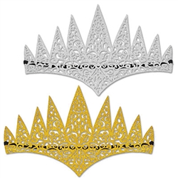 These soft,  flexible glittered tiaras feature an intricate laser cut design covered in either silver glitter or gold glitter. You receive two tiaras in the package - one in gold and one in silver! Elastic band permits secure fit. Contoured forehead.