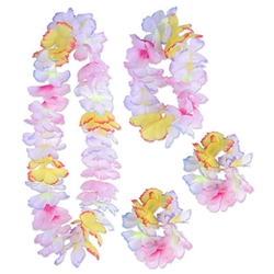 Whether you planning a Jungle, Luau or Cruise party, your guest will love this colorful Paradise Floral Lei set. Sold four pieces per package and colors as pictured, the set includes one 36" lei, one 20" headband and two 6" wristlets.