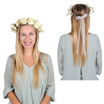 The Floral Crown has leaves, white roses, and small white flowers attached to a wrapped wire with a sheer white ribbon bow attached to the back. One size fits most. Adjustable. One size fits most. One per package. No returns.