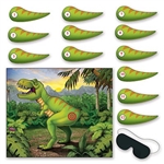 The Pin The Tail On The Dinosaur Game is made of plastic material. Each package includes a total of 14 pieces: (1) dinosaur picture - 18 in by 21 1/2 in, (1) blindfold mask, and (12) numbered tails.