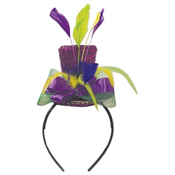 An easy way to get in the Mardi Gras spirit without dressing as a jester!  This one size fits most headband features a sparkly purple hat with gold trim , green and purple ribbon, and yellow, green and purple feathers.