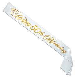 Make sure everyone knows who the birthday guest of honor is with this striking gold on white Glittered Happy 50th Birthday Satin Sash.  One size fits most.  Comes one per package.
