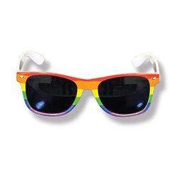 You'll see things in a different light with these costume Rainbow Glasses. Made of heavy plastic with dark lenses and rainbow stripes decorating the front of the frames.
One size fits mist adults. Frames are approximately 6" wide, 1.75" tall.