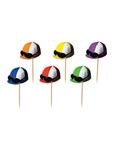 Just the thing to set off your Derby Day menu, these Jockey Helmet pocks will add an extra touch of color and fun to any dish!  Sold 50 per package, the helmets are 2.25 inches wide by 1.75 inches tall.  The pick extends approximately 1.5 inches.