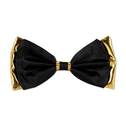 Add a fun touch of nostalgia to your Great 20's themed party with this Black and Gold Fabric Bow Tie.  With the attached elastic it's easy to put on and take off and would make a great addition to a party favor bag.  7 inches wide by 3 1/2 inches tall.