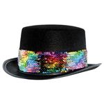 Celebrate yourself with this striking Black Felt Topper with Rainbow Sequined Band.  This one size fits most adults topper has a 4.5 inch tall crown, 1.5 inch wide brim and a head opening 24 inched in circumference.