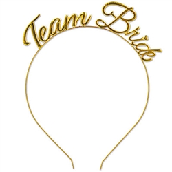 Show some shine and sparkle at your bachelorette or wedding reception with this fun gold toned metal Team Bride headband.  Makes a great keepsake for Brides, bridesmaids and party guests!  One size fits most. Please Note: Not intended for children.