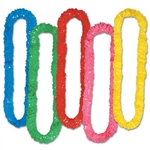 These very popular Luau Party Leis come in assorted colors and are sold in bundles of 12. Each lightweight lei is 36 inches long and made of bright plastic which is approximately one and a half inches thick.