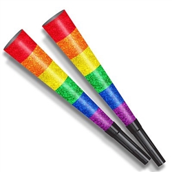 The Pride Horns are glittery rainbow colored horns with a black mouthpiece attached. Made of cardstock and measure 9 inches long. Sold in quantities of 100 per box. No returns.