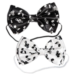 The Musical Notes Bow Ties are made of fabric with an elastic attachment for a comfortable fit. Comes 4 per pack. 2 black bow ties with white musical notes and 2 white bow ties with black musical notes. One size fits most. No returns.