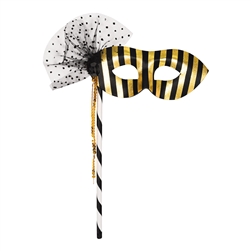 The Party Mask w/Stick is constructed of a soft, pliable gold and black printed mask with black dotted tulle, gold sequins strands attached to a black and white plastic stick. Measuring over 12 inches in length and includes 1 complete mask per package.