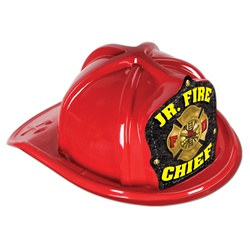 Red Plastic Junior Fire Chief Hat (Yellow Print Shield)