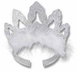 Silver Glittered and Feathered Coronet Tiara