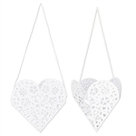 White die-cut hanging heart decorations with an intricate cut-work design on the inside. Comes with a white ribbon to hang from the ceiling. Some simple assembly is required.