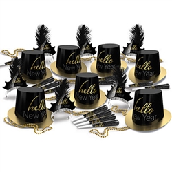 Say "hello" to 2021 and a good riddance to 2020 with this classically styled kit for 50.  Each hello New Year Assortment includes:
25 Printed Foil Hi-Hats, 25 Printed Foil Plumed Tiaras, 50 Foil Horns, and 25 Party Beads.