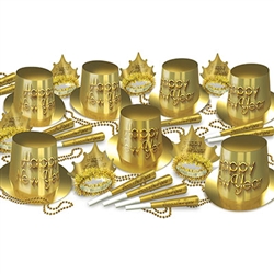 Make sure your golden for the New Year with this bold Golden New Year Assortment for 50!  Each package includes 25 Hi-Hats, 25 tiaras, 50 horns and 25 beads.  Your guests will love the look and the hats, tiara, horns and beads make great mementos to keep