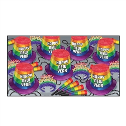The New Year Pride Asst for 50 has everything you need for you and your friends to ring in the New Year in style! Includes 25 pride hi-hats hats, 25 pride fringed tiaras, 50 pride horns, and 25 party beads!