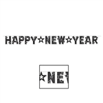 Printed on one side of cardstock material, this Black and White Glittered Happy New Year Streamer features a star design on each letter and measure 8 feet long with each pennant measuring 8 inches in length. Comes one per package.