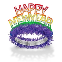 The New Year Pride Tiaras read "Happy New Year" in silver lettering on a rainbow cardstock cutout with a shimmering finish. Attached is a foil band with purple fringe. One size fits most. Sold in quantities of 50. No returns.