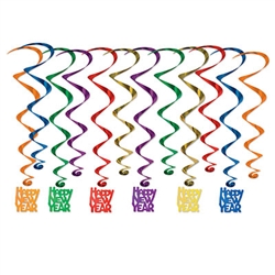 Ring the New Year in a kaleidoscope of color with these Happy New Year Whirls.  Each package comes with 12 metallic whirls in colors as shown.  Six are 17.5 inch long and six 32 inch long with 5 inch tall Happy New Year danglers.