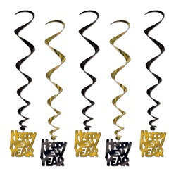 Black and Gold Happy New Year Whirls (5/pkg)