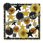 Use the Glistening Gold NY Decorating Kit to decorate your New Year's party quickly and economically. Classic assortment of gold glitter and foil combined with black makes an elegant statement. Kit contains assorted banners, fans, stars and whirls.