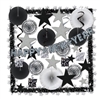 The Shimmering Silver NY Decorating Kit provides over 25 assorted items in a black and silver color scheme. Fans, whirls, star cutouts, garlands, and streamers make it fast, easy, and economical to decorate for any New Years Eve party!