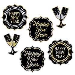 Use this set of 6 New Year Cutouts as wall decorations, table edge decorations, or dangle from the ceiling.  However you decide to use them these black, gold and silver cutouts will add a classic style to your party.