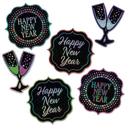 Add a blast of color and fun to your New Year's Eve celebration with these Happy New Year Cutouts. Sold six per package, each cutout is printed both sides on high quality cardstock.  Cutouts range from 7 1/2 to 10 inches tall.