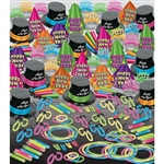 The Neon Glow Super Bonanza Assortment for 100 outfits up to 100 of your New Year's Eve party guests with neon hats, neon tiaras, neon horns, glow necklaces and accessories. Neon blue, green, orange, and pink will give your NYE party an 80's retro vibe!